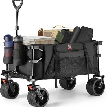 Genuine Pure Value Navatiee Collapsible Folding Wagon Cart Heavy Duty with Big Wheels, Side Pocket, Brakes, Black, T1 Fine