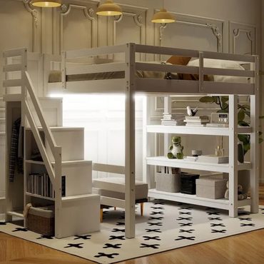 Annual Pure Value Full/Twin Loft Bed with Storage Stairs - Shelves, Wardrobe & LED Light, Space-Saving Design Universal
